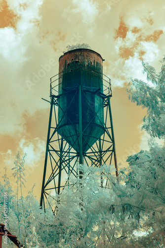 Infrared photography, a large water tower situated on a metal framework, rising above a landscape