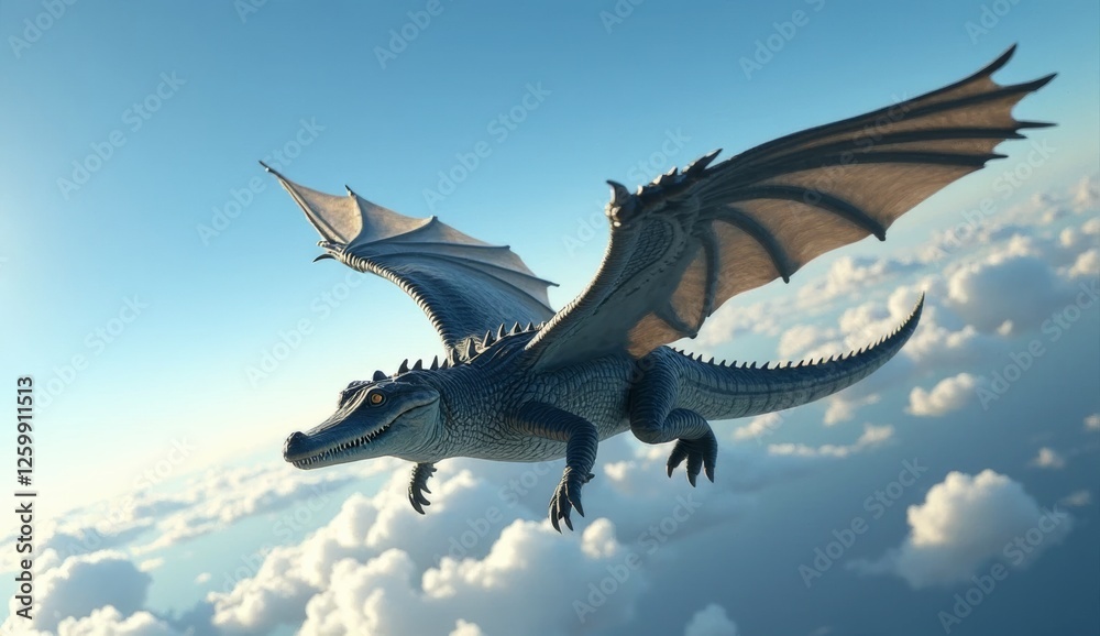 Fototapeta premium Crocodiles fly with wings above the clouds