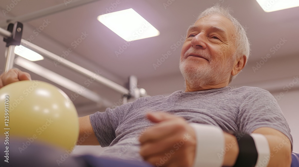Obraz premium Bright ceiling lights highlight effort parallel bars behind as patient steadies hands