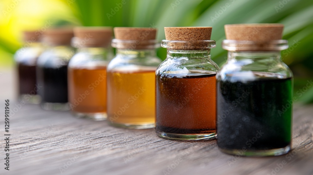 a row of small glass bottles filled with different types of oils on a wooden table, with a blurred background a row of small glass bottles filled with different types of oils on a wooden table, with a blurred background