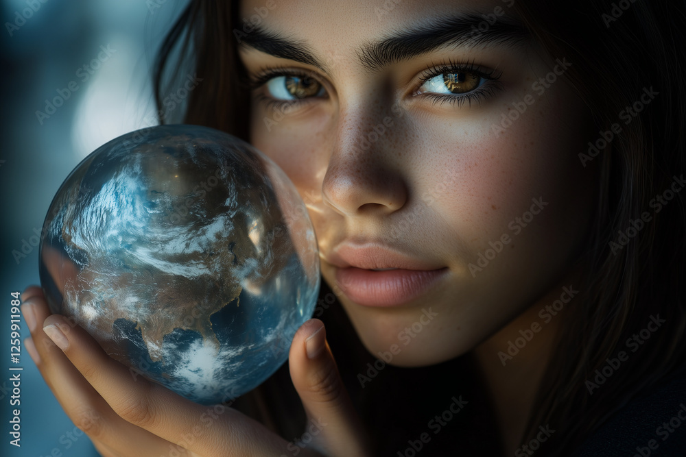 Naklejka premium Global warming, climate change. A young woman holds a fragile, cracking glass Earth, her face filled with concern. A powerful symbol of environmental fragility and the need for action.