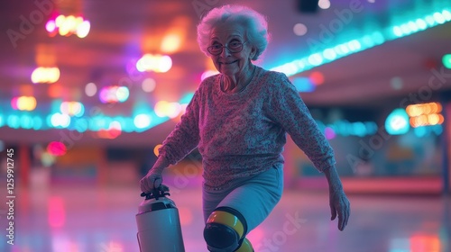 Elderly woman with oxygen tank skating gracefully in a colorful roller rink