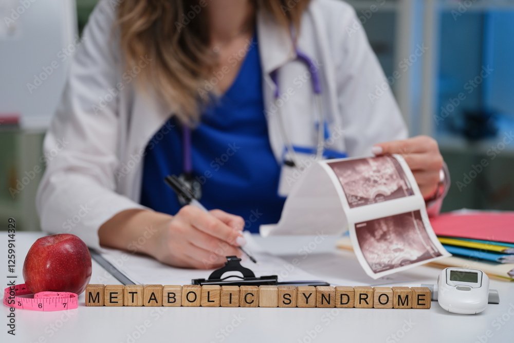 A healthcare professional examines metabolic syndrome using visual aids and tools for better understanding