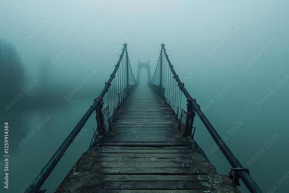 Misty wooden bridge leads to a lonely tree on a rocky island during early morning fog Misty wooden bridge leads to a lonely tree on a rocky island during early morning fog