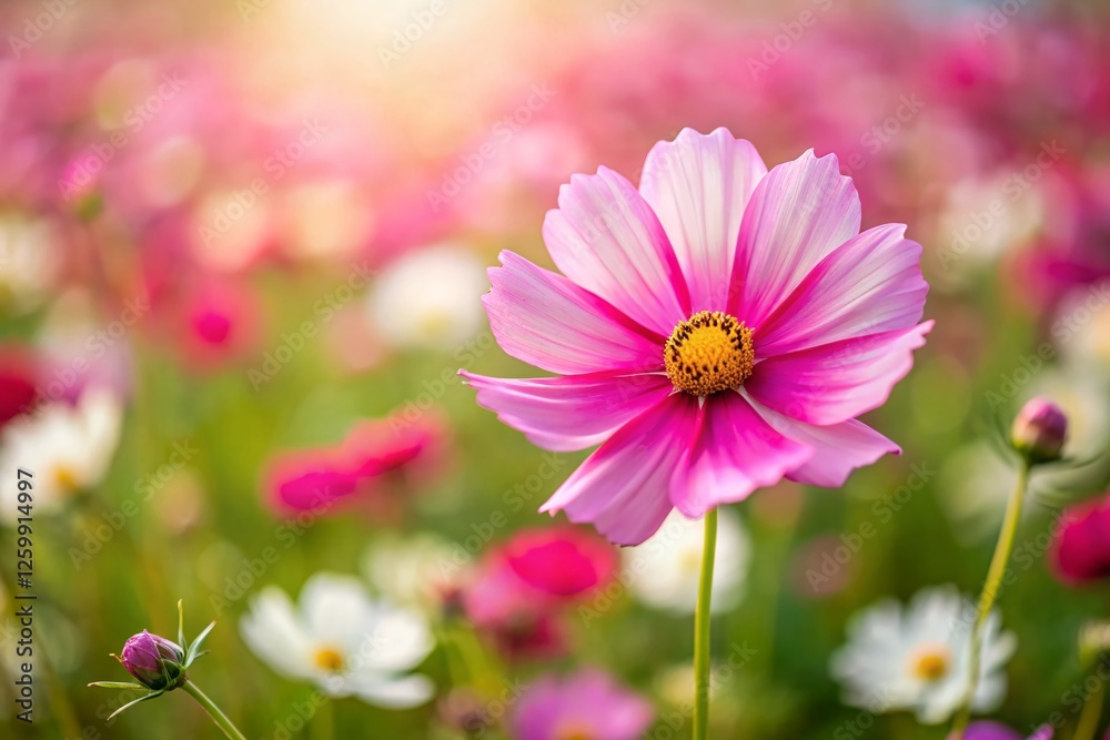 Cosmos Flower Field, Single Bloom Left, Copy Space for Text - Vibrant Pink and White Blossoms Cosmos Flower Field, Single Bloom Left, Copy Space for Text - Vibrant Pink and White Blossoms