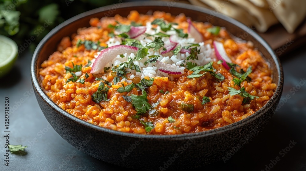 Spicy rice dish, garnished, kitchen setting, food blog Spicy rice dish, garnished, kitchen setting, food blog