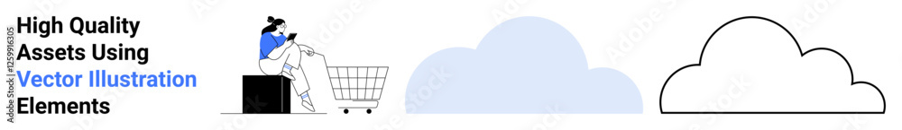 Woman shopping with cart near stack of boxes, minimalist cloud shapes in background. Ideal for e-commerce, online shopping, delivery, logistics, product promotion, retail, flat landing page banner Woman shopping with cart near stack of boxes, minimalist cloud shapes in background. Ideal for e-commerce, online shopping, delivery, logistics, product promotion, retail, flat landing page banner