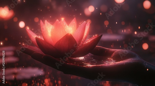 Hand Holding Vibrant Lotus Flower with Glowing Sparkles at Night
