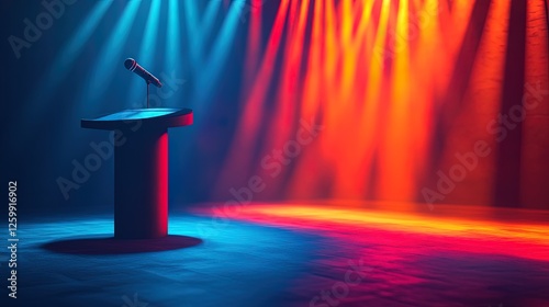 A business event podium with a microphone and projector displaying a product launch, stylish corporate setup