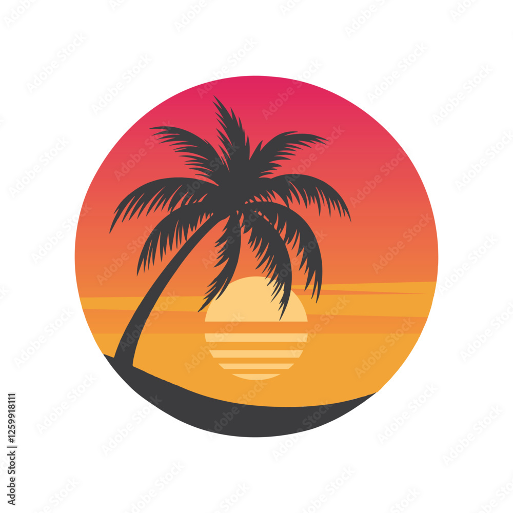 Obraz premium Palm Tree Sunset Vector, and retro palm tree vector design