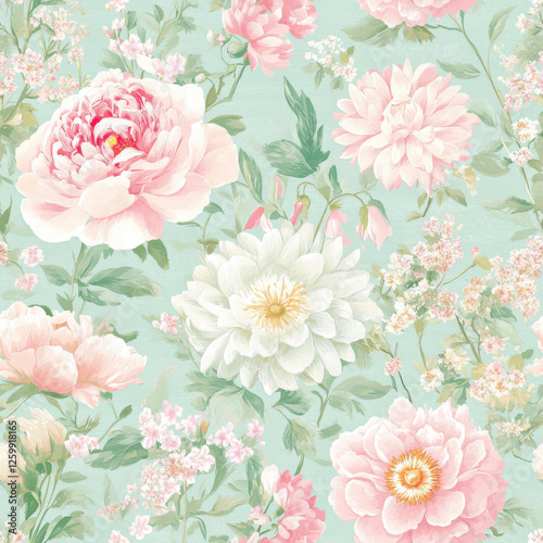 Fototapeta Naklejka Na Ścianę i Meble -  Pattern featuring tea roses and garden flowers such as dahlias and peonies in classic English style.
