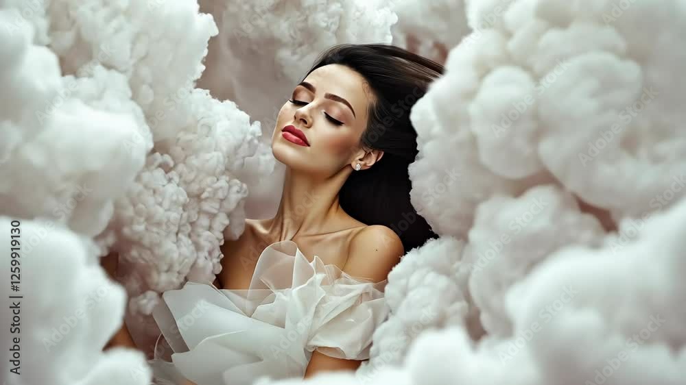 Model gracefully poses surrounded by fluffy clouds in a serene, dreamy setting Model gracefully poses surrounded by fluffy clouds in a serene, dreamy setting