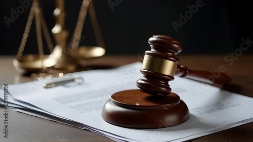 Judge's gavel, legal documents and scales of justice on the table, court, law, jurisprudence, lawyer, trial, legal advice, judicial system, legislation