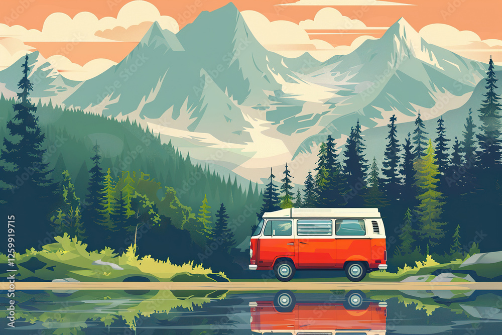 Holiday trip on large family motorhome for holiday in beautiful natural nature, abstract vivid composition consists of fictional unreal fantastic vision on background Holiday trip on large family motorhome for holiday in beautiful natural nature, abstract vivid composition consists of fictional unreal fantastic vision on background