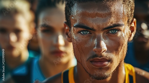 A group of athletes from different countries preparing for a race, determination in their eyes, focused and ready