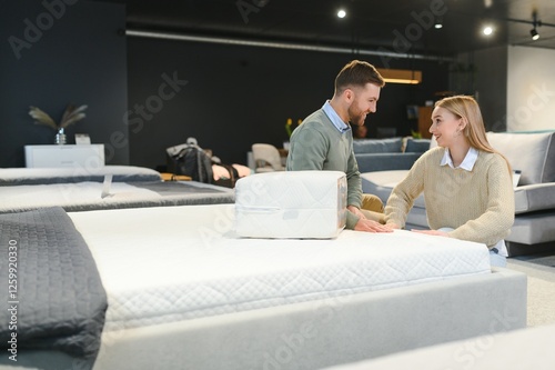 Happy couple choosing furniture in store
