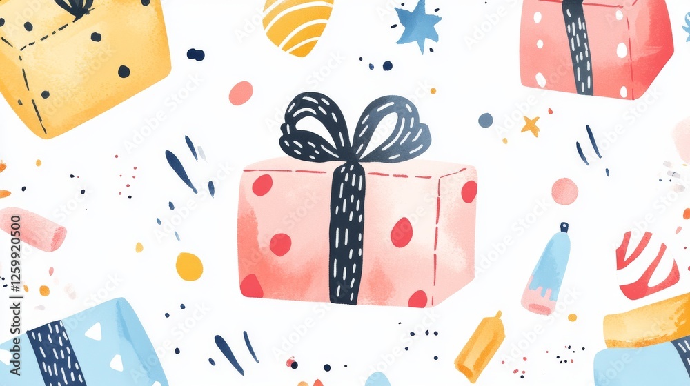 Fototapeta premium Cartoon gift box pattern on white background. Gifts illustration for holiday celebration and special sales offer. Vector backdrop.