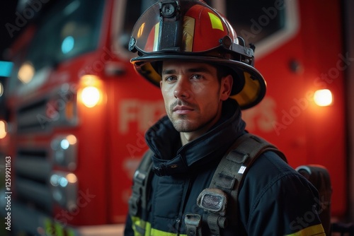 40 years old Canadian male firefighter looking at camera against blurred firestation background. photo