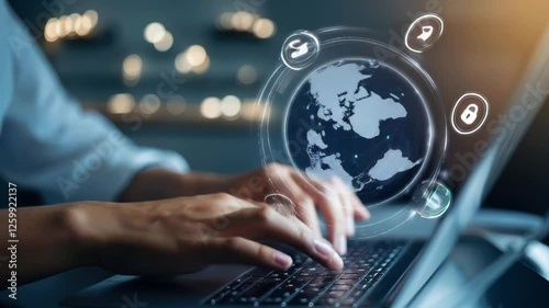 Hands typing on a laptop with digital security icons around globe.