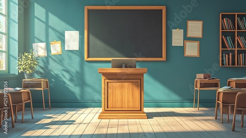 A classroom podium in front of a chalkboard, teacher lecturing with students taking notes, traditional education setting