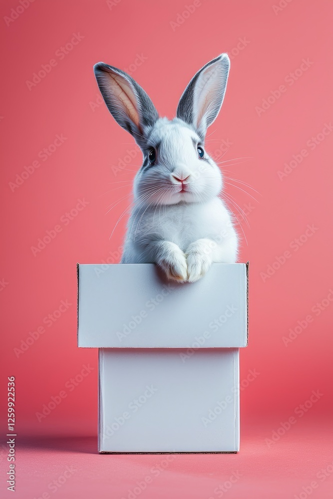 Obraz premium Adorable White Rabbit Peeking from a Box on Pink Background