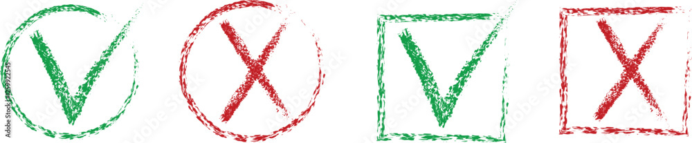 Check mark cross sign in grunge style. Yes and no symbol. Dirty hand drawn brush stroke. Check mark cross sign in grunge style. Yes and no symbol. Dirty hand drawn brush stroke.