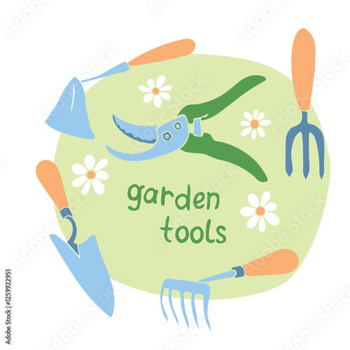 Vector set of garden tools: hoes, fork, pruner, pruning shears, flat style, isolated. Equipment for working in the garden, on farm, dacha, country site