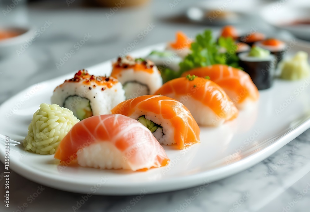 Assorted Sushi Plate with Salmon Nigiri and Rolls Close Up Assorted Sushi Plate with Salmon Nigiri and Rolls Close Up