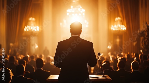 A charity event podium with a speaker addressing the crowd, donation pledges on display, elegant atmosphere