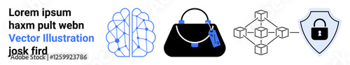 Digital brain, fashion handbag with tags, blockchain nodes, and shield with padlock. Ideal for AI, technology, fashion, e-commerce security blockchain innovation. Flat landing page banner