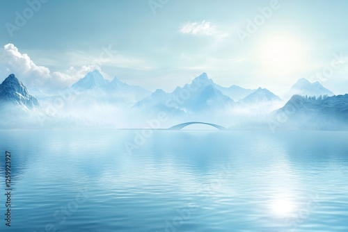 Wallpaper Mural Serene Blue Lake with Sky Bridge and Distant Mountains – Panoramic Nature Landscape Torontodigital.ca