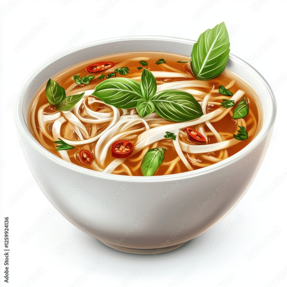 Pho Soup with rice noodles and herbs, isolated on white Pho Soup with rice noodles and herbs, isolated on white