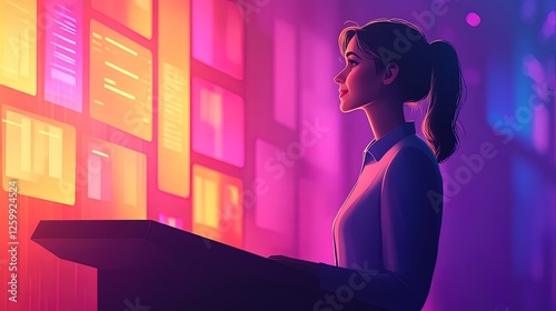 A businesswoman presenting a new project at a sleek conference podium with digital slides