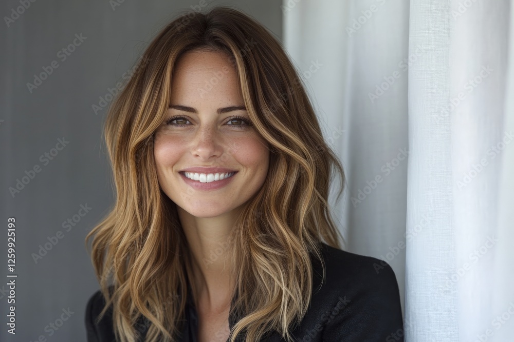 Smiling woman with long wavy hair poses against a background of light fabric in a modern indoor setting Smiling woman with long wavy hair poses against a background of light fabric in a modern indoor setting