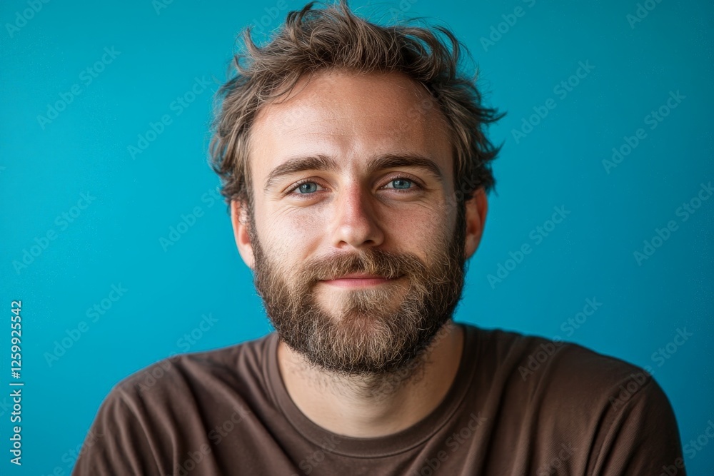 Obraz premium Cheerful young man with beard and bright blue eyes against a vivid blue background enjoys a moment of relaxation and happiness