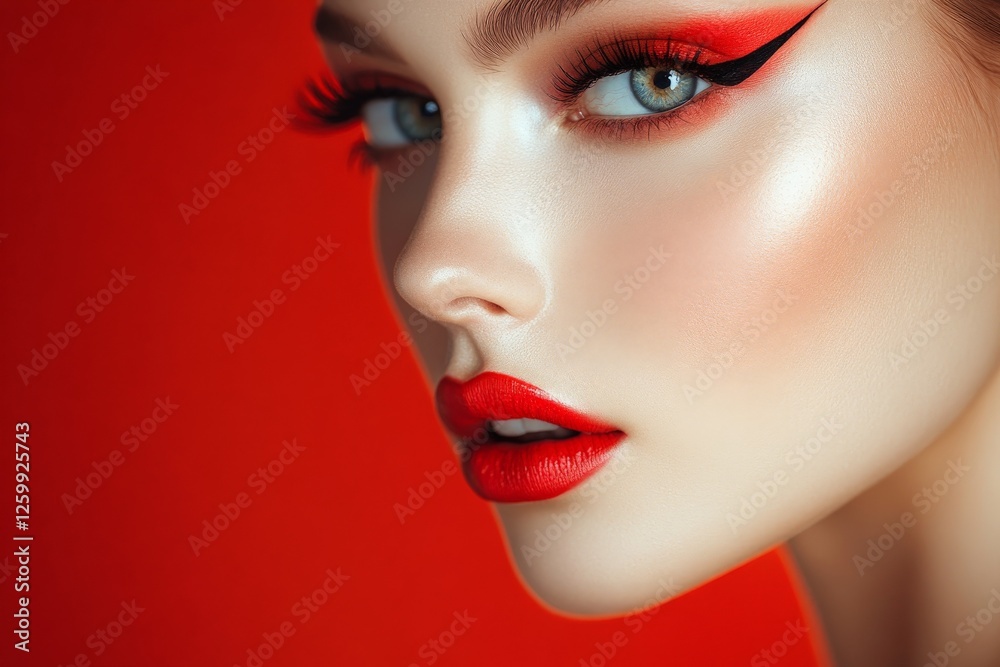 Striking beauty portrait of a model with bold red makeup against a vivid backdrop Striking beauty portrait of a model with bold red makeup against a vivid backdrop