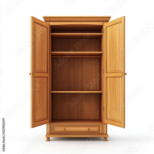 Tall wooden wardrobe with slightly open doors isolated on white
