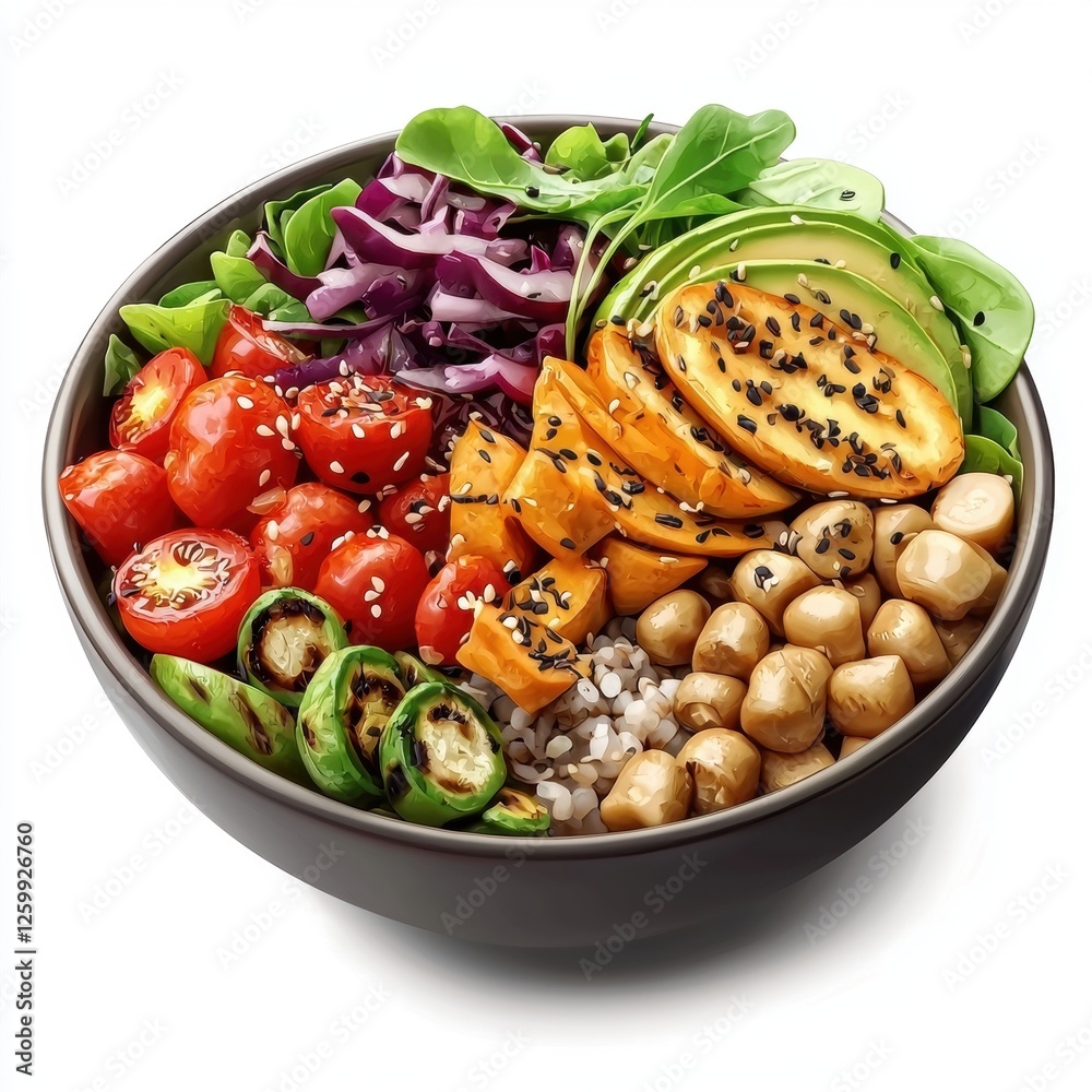 Vegan Buddha Bowl with roasted vegetables, isolated on white Vegan Buddha Bowl with roasted vegetables, isolated on white