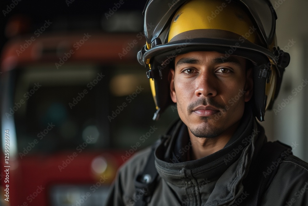 Fototapeta premium 40 years old Honduran male firefighter looking at camera against blurred firestation background.