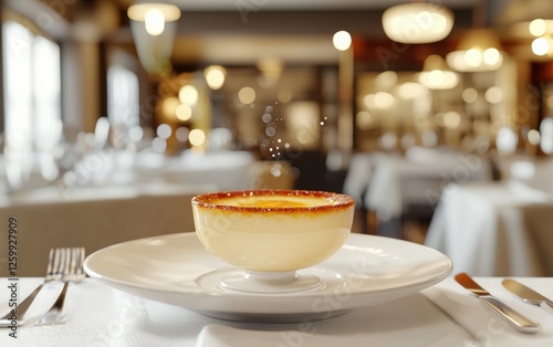 Delicate crÃ¨me brÃ?lÃ?e with a caramelized top, floating over a softly blurred fine dining restaurant photo