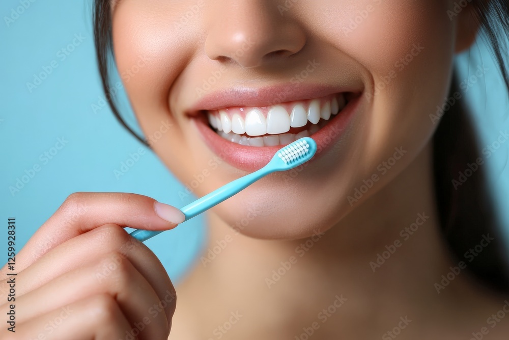 Woman with bright smile brushes teeth with blue toothbrush in bathroom setting for daily oral care routine Woman with bright smile brushes teeth with blue toothbrush in bathroom setting for daily oral care routine