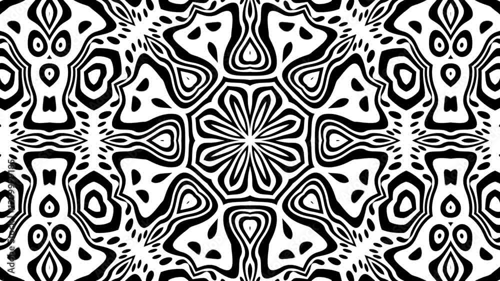 A mesmerizing black and white kaleidoscopic mandala with swirling fluid symmetry, shifting geometric patterns, and hypnotic motion in a seamless loop