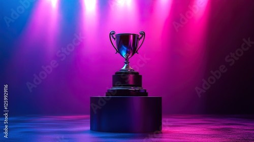 A podium with a trophy displayed on top, spotlight shining down at an awards ceremony