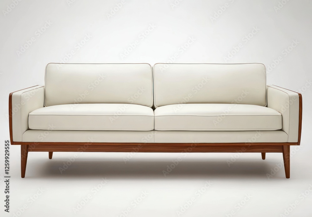 Mid-century modern couch, white leather with wooden legs, white background, straight shot, centered in frame Mid-century modern couch, white leather with wooden legs, white background, straight shot, centered in frame