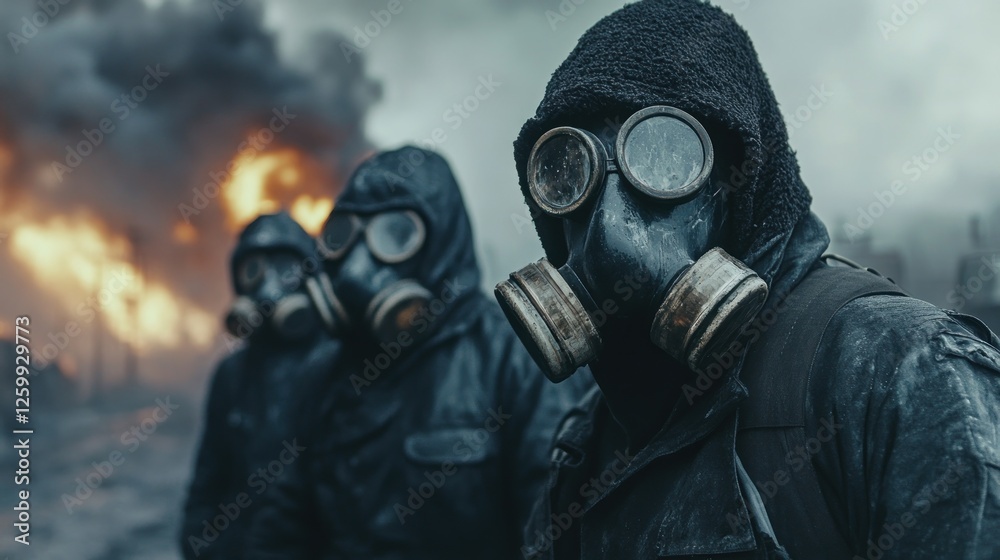 Figures in gas masks amidst a fiery apocalyptic scene Figures in gas masks amidst a fiery apocalyptic scene