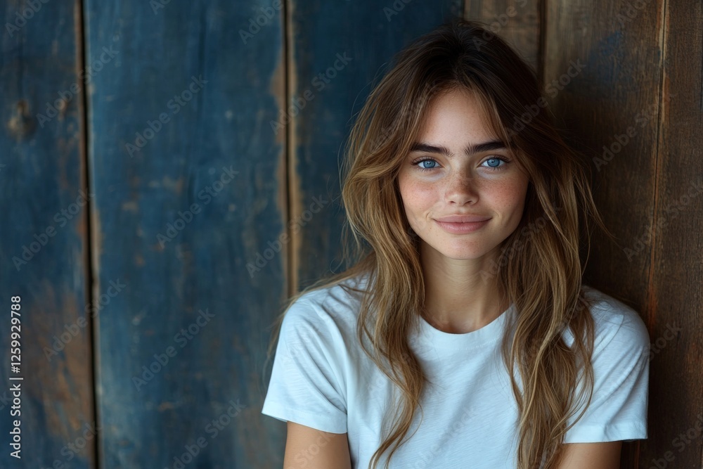 Young woman with long hair smiles gently against a rustic wooden backdrop in natural light Young woman with long hair smiles gently against a rustic wooden backdrop in natural light