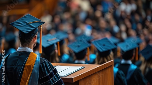 A podium on stage at a graduation ceremony, speaker delivering a speech while graduates sit in the audience