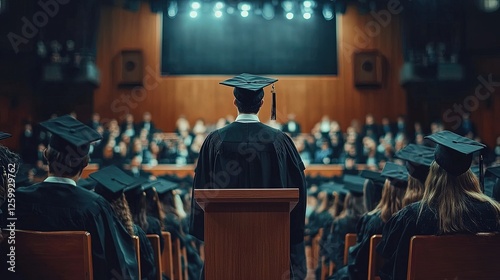 A podium on stage at a graduation ceremony, speaker delivering a speech while graduates sit in the audience