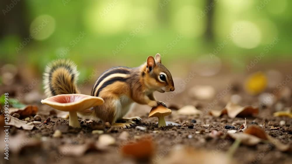 Curious chipmunk inspecting wild mushrooms on forest floor