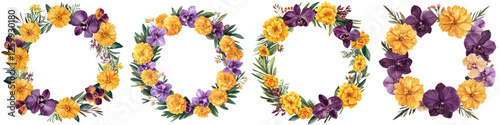 Vibrant flower wreath border with a lush arrangement of colorful blooms leaves and foliage in various shades of yellow purple and green  Elegant floral frame or backdrop for spring summer